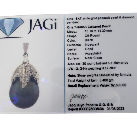 Vintage 18K White Gold Tahitian Pearl Diamond Pendant Necklace JAGi cert. #13701 - Picture 9 of 9